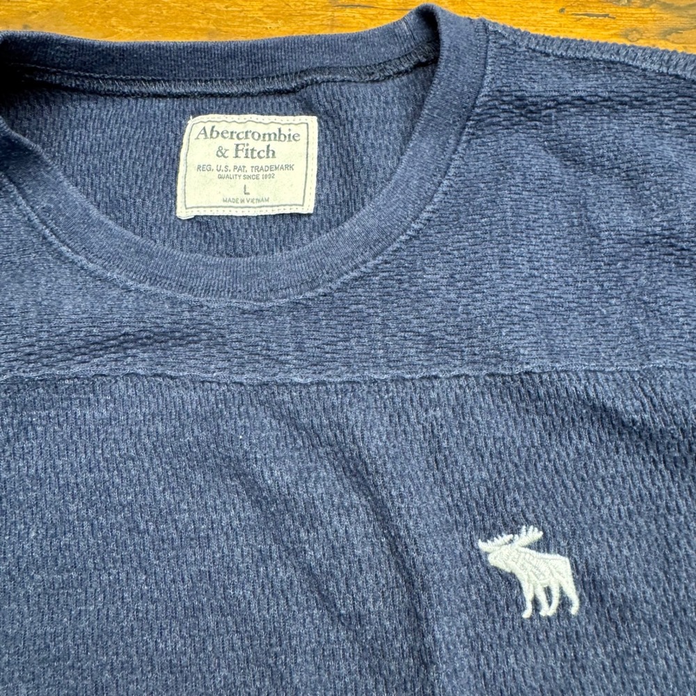 Abercrombie Fitch Mens Long Sleeve Navy Thermal Crewneck T Shirt Size L Moose - Picture 2 of 6